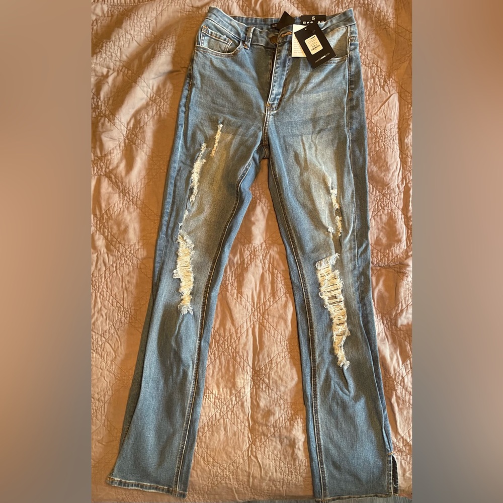 Distressed straight leg jeans